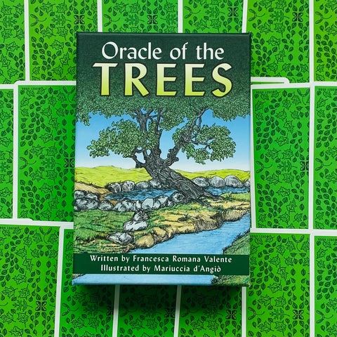 Kortų kaladė Oracle of the Trees, tvirtas dėklas su medžio iliustracija ant viršelio ir ryškiomis žaliomis nugarėlėmis, fotografuota iš viršaus
