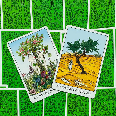 Tarot kortos, dvi priekinės versijos – sodo ir dykumos medžių iliustracijos ant kampu persidengiančių kortų su žalia nugarėle
