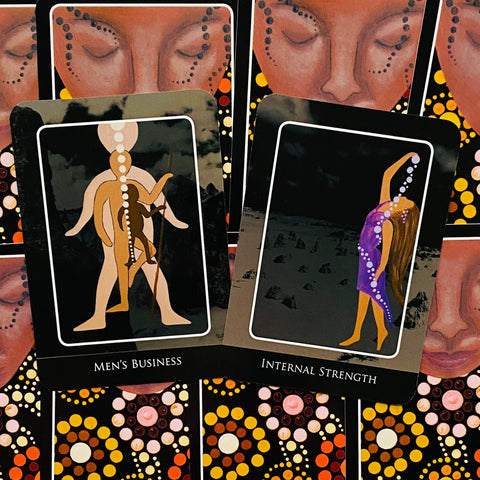 tarot kortos su juodais rėmeliais: dvi kortos (Men's Business ir Internal Strength) išdėstytos ant ryškaus apskritimų raštų fono