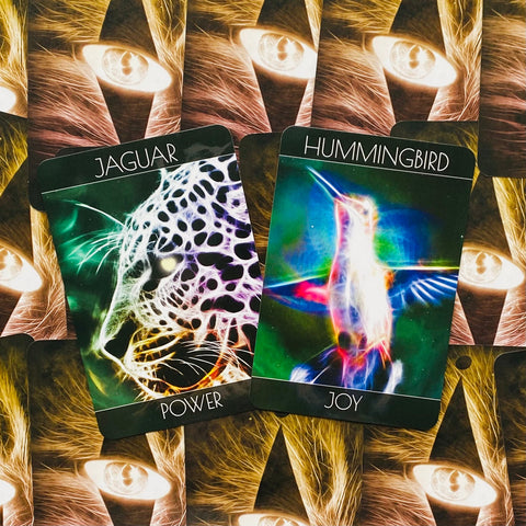 Orakulų kortos su atvertomis Jaguar (Power) ir Hummingbird (Joy) neoninėmis spalvomis, gulsčiai ant raštuotų nugarėlių