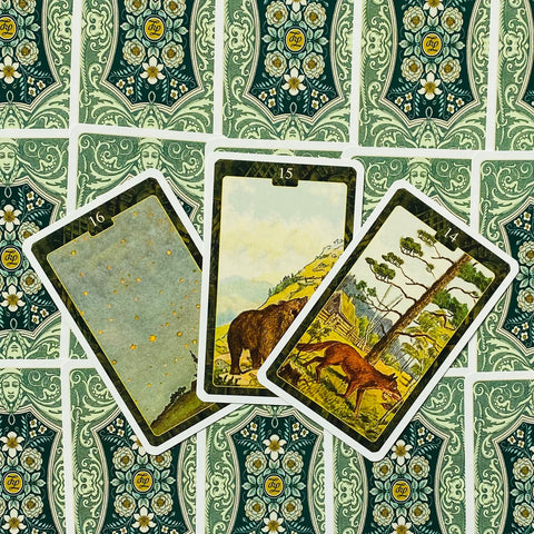 tarot kortos plokščiai išdėstytos: ornamentuotos žalios nugarėlės ir trys atvertos iliustracijos su lokiu, lapės ir žvaigždžių motyvais