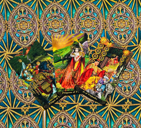 Tarot kortos trijų kortų rinkinyje, ryškios raudonos ir aukso spalvos figūros ant ornamentinio turkio fono