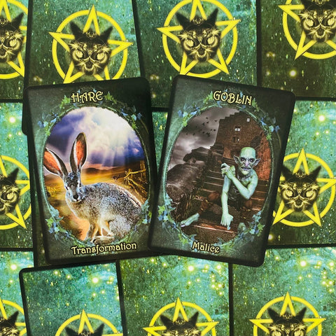 tarot kortos su žalia žvaigždės nugarėle, atverstos kortos Hare – Transformation ir Goblin – Malice parodytos artimo plano dizaino detalės
