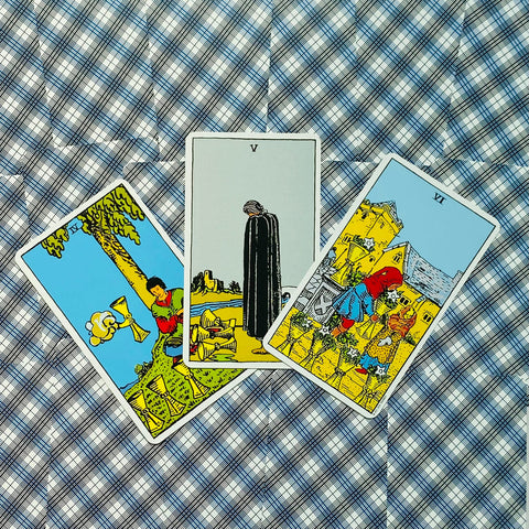 Tarot kortos Rider–Waite stiliaus, trijų kortų išdėstymas iš viršaus, Penkios taurės centre ant mėlyno languoto audinio