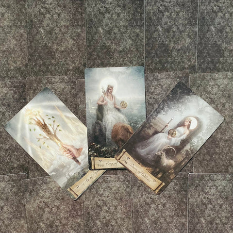 Tarot kortos trijų kortų išklotinė, centre karalius ir karalienė su pentaklais, eterinė meninė stilistika ir pilkšva nugarėlė