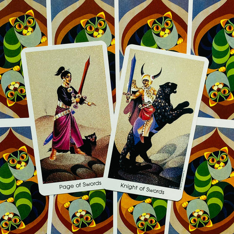 tarot kortos Page of Swords ir Knight of Swords iliustracijomis, ryškūs žali‑oranžiniai kačių rašto nugarėliai, dvi kortos atvertos pasvirusiu kampu