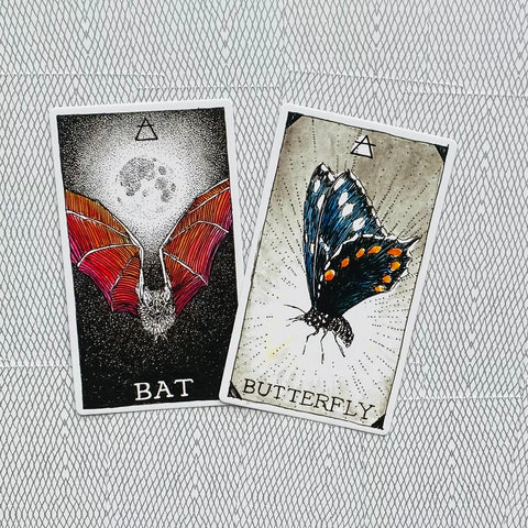 Orakulų kortos: du atskiri dizainai, tamsi „Bat“ su raudonomis sparnų detalėmis ir šviesi „Butterfly“ korta