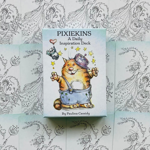 Pixiekins kortų rinkinys, pastelinė melsva dėžutė — priekinė pusė su Paulina Cassidy linksmu kačiuku ir juodraštinio piešinio fonu