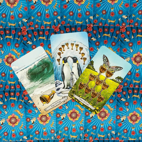 Tarot kortos trijų taurų rinkinys: atviros kortos su pingvinais, bangos ir devynių taurių piešiniais ant mėlyno raštuoto fono.