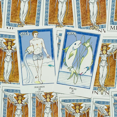 tarot kortos Aquarius (32) ir Pisces (31) priekiniai variantai su mėlynais rėmeliais, išdėstytos ant dekoratyvių nugarėlių