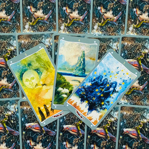 Tarot kortos meninės iliustruotos, pilkai apvadais, trys atvertos kortos centre ant tamsios paukštinės nugarėlės dekoracijos