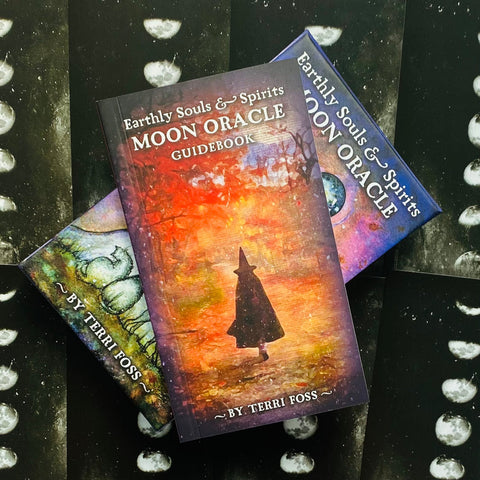 Moon Oracle kortų rinkinys — Terri Foss vadovėlis su ryškiai oranžiniu viršeliu, padėtas ant kortų su mėnulio raštu, kampuota perspektyva