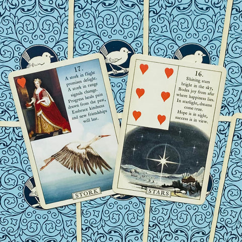 Lenormand kortos su mėlynais ornamentiniais nugarėliais, dvi atverstos kortos — Gandras ir Žvaigždės, aiškūs iliustraciniai paveikslėliai ir aiškinimai