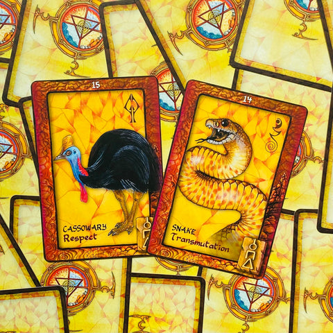 tarot kortos geltonais iliustraciniais rėmeliais, dvi atviros kortos su kasuaru (Respect) ir gyvate (Transmutation), skirtos intuityviems skaitiniams