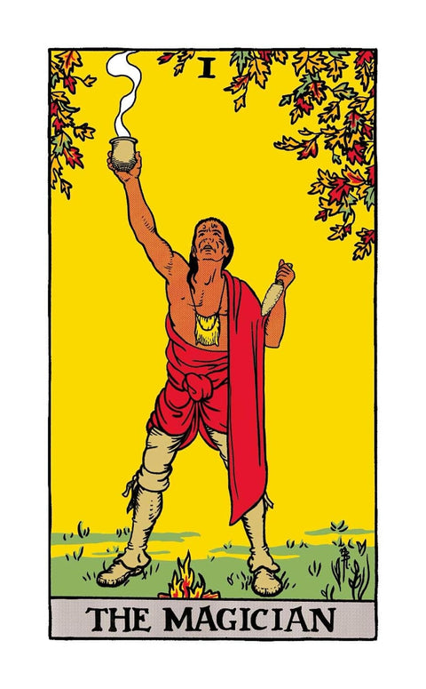 Tarot korta Magas, Rider–Waite stiliaus leidimas su ryškiai geltonu fonu ir pilnu frontiniu kompozicijos vaizdu