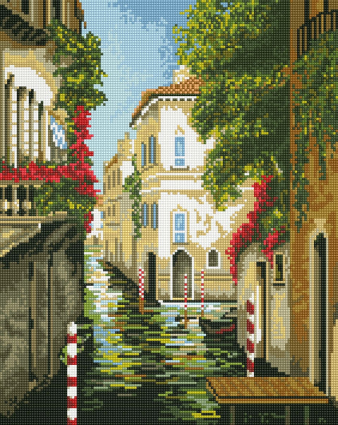 Siuvinėtas paveikslas Venecijos kanalas, kryželių mozaika su žaliais ir raudonais akcentais, 40×50 cm detalus variantas