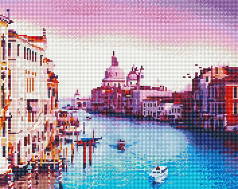 Diamond painting rinkinys Venecija, rožinės ir mėlynos spalvų mozaika 40×30 cm, detalus kanalo pastatų ir valčių motyvas