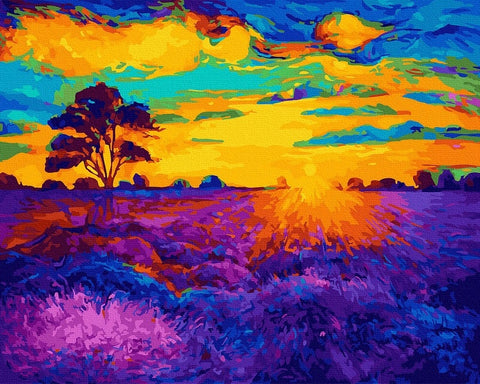 tapyba ant drobės ryški levandų pieva prie saulėlydžio gelsvais ir violetiniais tonais, 60×40 cm