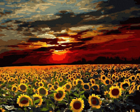 drobė su saulėgrąžų lauku ir ugniniu saulėlydžiu, plačios tekstūruotos teptuko faktūros, 120×80 cm