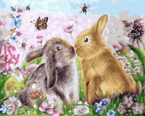 drobė su pavasariniais zuikiais ir drugeliais, šiltų pastelinių atspalvių motyvas, dekoruoti vaikų kambarį