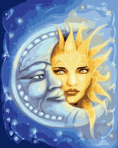 Sieninis paveikslas saulės ir mėnulio motyvas mėlyno ir geltono tonų, kontrastingi veidai ir ryški tapybos tekstūra