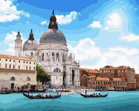 Drobė Venecijos panorama 60×40 cm, akvarelinis efektas, Santa Maria della Salute fone su plaukiojančiomis gondolomis