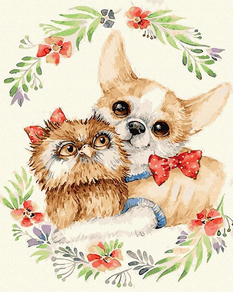 Drobė su akvareline čivava ir pūkuota pelėda apsupta gėlių vainiko; čivava su raudonu kaspinu, švelnios spalvos paletė