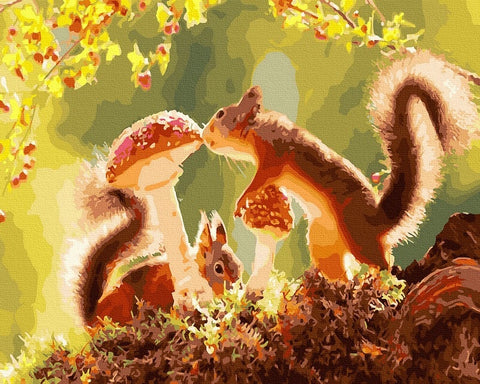 Drobė su rudeninėmis voverėmis ir raudonais baravykais, šiltų oranžinių atspalvių, priartinta kompozicija tinkama sienai