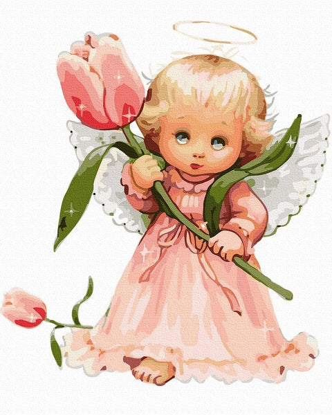 Angelėlis dekoracija rožiniais rūbais, laikantis didelę rožinę tulpę — švelni dovana vaikų kambariui