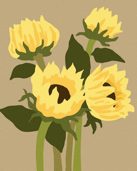 Sienos paveikslas geltonos saulėgrąžos ant smėlio fono, tekstūruota drobės iliustracija su keturiomis gėlėmis