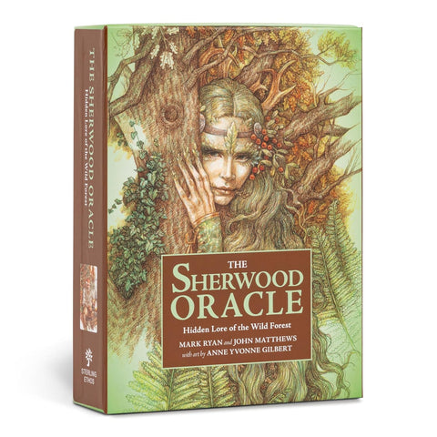 Sherwood Oracle kortų rinkinys, priekinė žalia‑ruda dėžutė su iliustracija, stovinti šonu 3/4 kampu, komplekte kortos ir vadovas