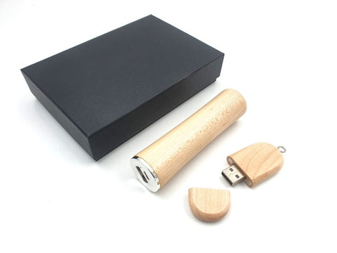 Verslo dovanų rinkinys: medinis USB 16 GB + išorinė baterija 2600 mAh dėžutėje