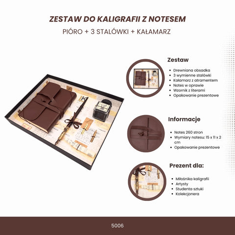 Kaligrafijos rinkinys rudos spalvos dovanų dėžutėje su odine užrašų knygute (15×11×2 cm), mediniu laikikliu, 3 keičiamomis plunksnomis ir rašalu, atvertas parodyti komplektą