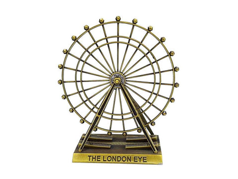 Londono Eye suvenyras mažas antikinės žalvario spalvos stalo modeliukas su vieliniu rato dizainu ir įspaustu THE LONDON EYE pagrinde