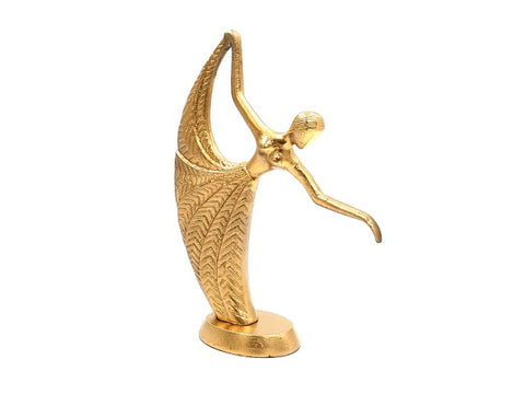 Auksinė statulėlė balerina, metalinė 18 cm, elegantiškai išlenkta ant ovalaus pagrindo su ryškiu tekstūruotu raštu