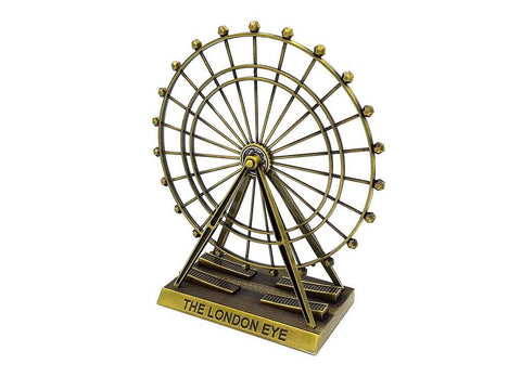 Suvenyras Londono ratas, bronzinis metalinis miniatiūrinis modelis ant trikampio stovo su graviruotu THE LONDON EYE pagrindu
