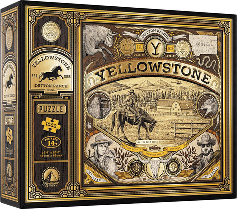 Dėlionė Yellowstone 1000 dalių, aukso-rudos dėžutės su Dutton Ranch kaubojiška grafika, 65×65 cm