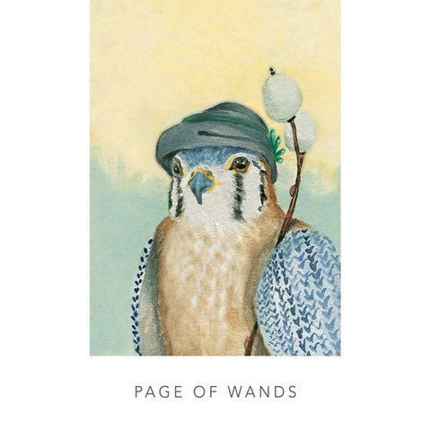 taro korta su akvareline paukščio iliustracija, pastelinių geltonų ir mėlynų tonų fone, priekyje užrašas Page of Wands