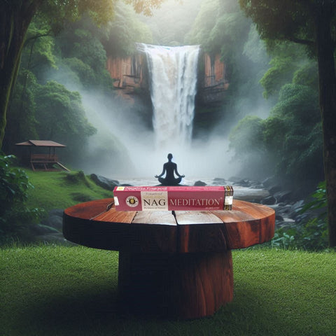 Meditation smilkalai NAG raudonoje dėžutėje ant apvalaus medinio stalo prie rūko apgaubto krioklio, meditacijos scena