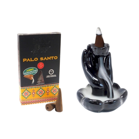 Palo Santo smilkalai jumbo konusai su juodu keraminiu atgalinio dūmų laikikliu, dūmai krenta rankų formos baseinėlyje