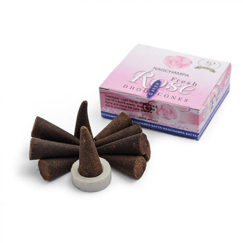 Smilkalų kūgeliai Nag Champa Fresh Rose komplekte su rožine pakuote ir mažu keraminiu laikikliu, intensyvus rožių aromatas