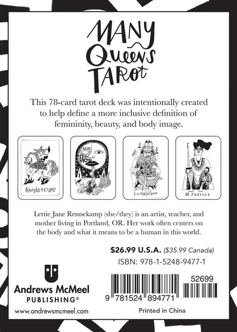 Many Queens Tarot 78 kortų rinkinys — nugarėlė su keturiomis pavyzdinėmis iliustracijomis ir leidyklos bei kainos informacija