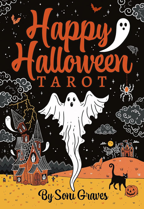 Tarot kortos 'Happy Halloween' juodo ir oranžinio viršelio su skrajojančiu vaiduokliu, siaubo namu ir juodu katinu