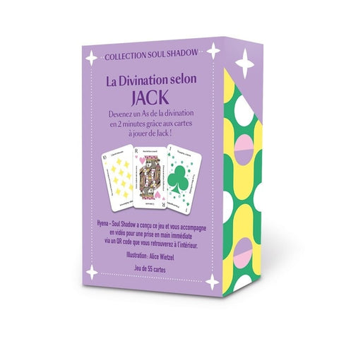 Pranašavimo kortų rinkinys "La Divination selon Jack" violetinėje dėžutėje, 55 iliustruotos kortos, matomas spalvotas šoninis raštas