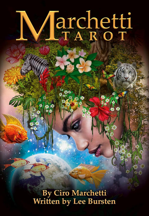 Tarot kortos Marchetti viršelis — spalvingas dizainas su moters profiliu, planeta, žuvimis ir tropiniais augalais