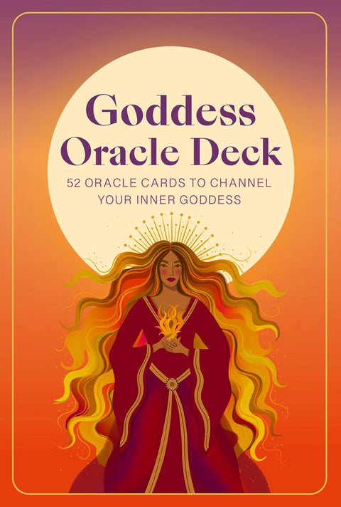 Goddess Oracle kortos – 52 kortų rinkinys su oranžinės spalvos dangos iliustracija, moteriška deivė su plaukais prieš didelį ratą