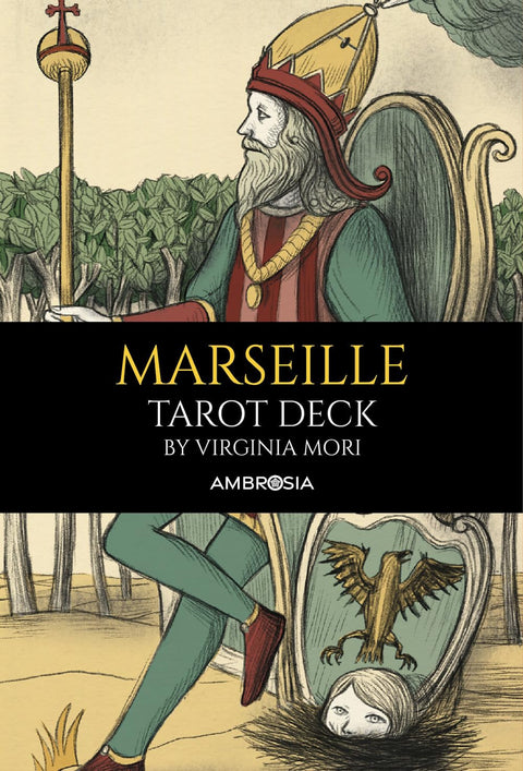 Marseille tarot kortų rinkinys — Ambrosia dėžutės viršelis Virginia Mori iliustracija: karalius su skydeliu ir moters galva apačioje
