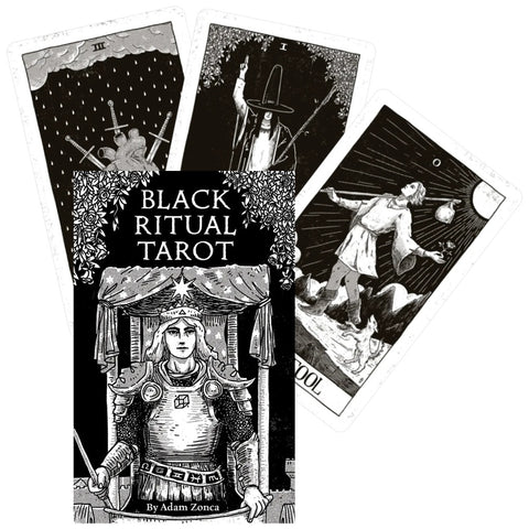 Black Ritual taro kortos – juodai balta mistiška kaladė, 78 kortos + bukletas