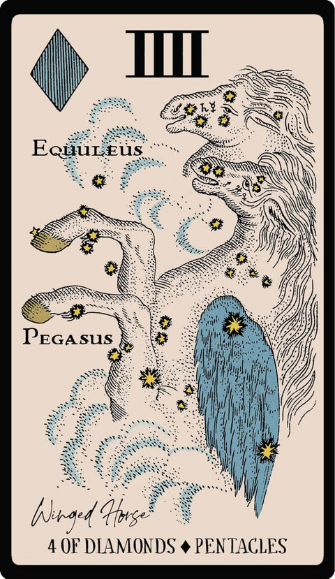 tarot korta su sparnuotu žirgu Pegasus, mėlyna sparna ir geltonomis žvaigždutėmis ant smėlio fono, priekis