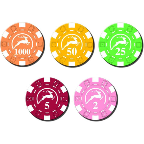 Pokerio žetonai: penki spalvoti denominacijų rinkinys – 1000 oranžinis, 50 geltonas, 25 žalias, 5 bordo, 2 rožinis